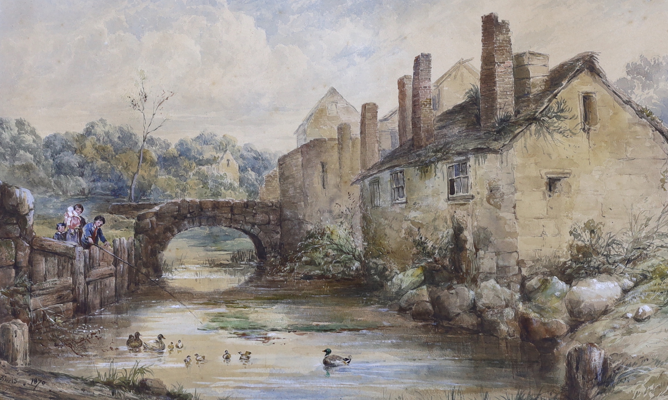 Frederick Davis (fl.1853-1892), watercolour, Bridge over stream with children fishing, signed and dated 1870, 36 x 59cm